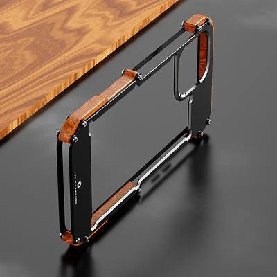 Wood Metal Bumper Frame Case for iPhone 15 Pro Max 14 Plus 13 12 11 Pro Max X XR XS – 4-Corner Shockproof Protection, Solid Color Aluminum Alloy Edge Cover