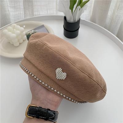 Faux Pearl Heart Decor Beret Elegant Solid Color Beret Hats Classic French Style Painter Cap For Women