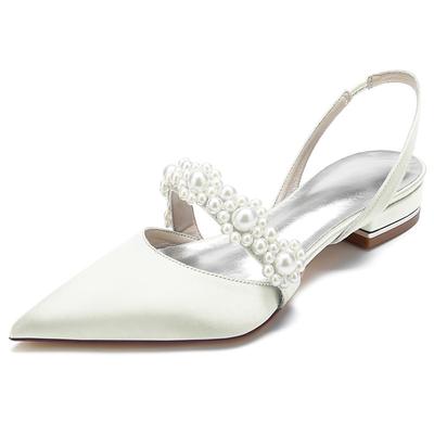 Women's Wedding Shoes Plus Size Pearl Flat Heel Pointed Toe Elegant Satin Elastic Band Wine Black White