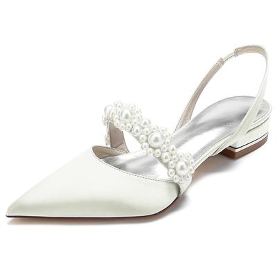 Elegant White Satin Women's Dress Shoes with Pearl Embellishments: Perfect Low Heel Sandals for Weddings and Special Occasions