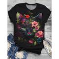 Women's T shirt Tee Floral Cat 3D Holiday Weekend Print Black Short Sleeve Fashion Funny Round Neck Spring Summer