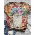 Women's T shirt Tee Floral Cat 3D Holiday Weekend Print Black Short Sleeve Fashion Funny Round Neck Spring Summer