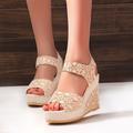 Women's Sandals Wedge Sandals Summer Lace Wedge Heel Peep Toe Casual Polyester Mesh Magic Tape Black Beige