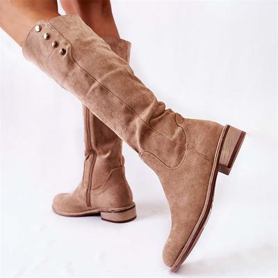 Women's Beige Suede Knee-High Boots with Button Detail - Stylish Footwear for Casual Outings and Autumn Fashion