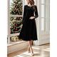 Women's Velvet Dress Party Dress Cocktail Dress Velvet Ruched Crew Neck Long Sleeve Midi Dress Christmas Birthday Black Wine Spring Winter