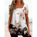 Women's Plus Size T shirt Tee Floral Striped Casual Holiday Black White Pink Print Short Sleeve Tunic Basic Square Neck Regular Fit