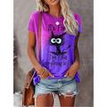 Women's T shirt Tee Purple Brown Gray Cat Letter Patchwork Print Short Sleeve Casual Daily Basic Round Neck Regular I'm Fine Everything Is Fine S