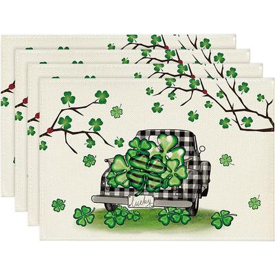 St. Patrick's Day Placemat, Clover Table Decoration, Non slip and Thermal Insulation Linen Mats Seasonal Spring Table Mats for Party Kitchen Dining Decoration