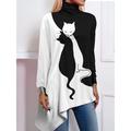 Women's Shirt Blouse Color Block Cat Casual Print Asymmetric Hem Black Long Sleeve Fashion High Neck Spring Fall