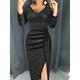Women's Black Dress Party Dress Cocktail Dress Midi Dress Black White Pink Long Sleeve Pure Color Ruched Spring Fall Winter V Neck Fashion Winter Dress Wedding Guest Evening Party Slim 2023 S M L XL