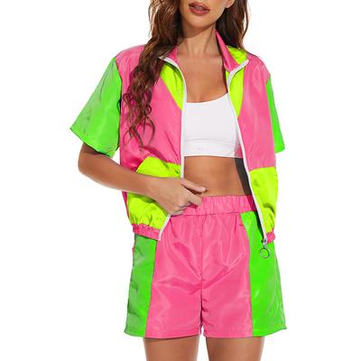 1980s Women's Color Block Windbreaker 2 Piece Outfits Short Sleeve Zip Front Elastic Waist Tracksuit Set