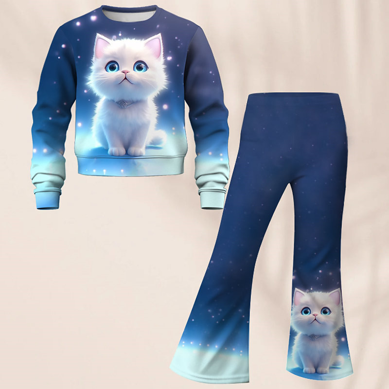 Girls' 3D Galaxy Cat Set Sweatshirt Flare Pants Set Long Sleeve 3D Print Fall Winter Active Fashion Daily Kids 4 years Crew Neck Outdoor Vacation Date Regular Fit