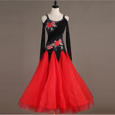 Ballroom Dance Dress Embroidery Crystals / Rhinestones Women's Performance Training Long Sleeve Spandex Elastane Tulle