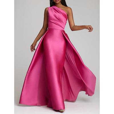 Beach Wedding Sheath Evening Gown Elegant Dress Wedding Guest Cocktail Party Floor Length Sleeveless One Shoulder Satin with Overskirt Pure Color 2025