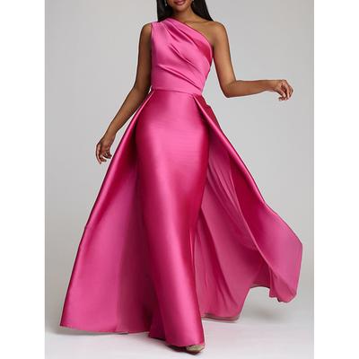 TS Beach Wedding Sheath Evening Gown Elegant Dress Wedding Guest Cocktail Party Floor Length Sleeveless One Shoulder Satin with Overskirt Pure Color 2025