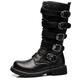 Women's Black Gothic Motorcycle Boots with Skull Buckle Straps and Rugged Sole, Punk Rock Combat Boots for Biker Style