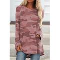 Women's T shirt Tee Wine Blue Purple Camo Camouflage Print Long Sleeve Daily Weekend Tunic Basic Round Neck Regular Loose Fit S