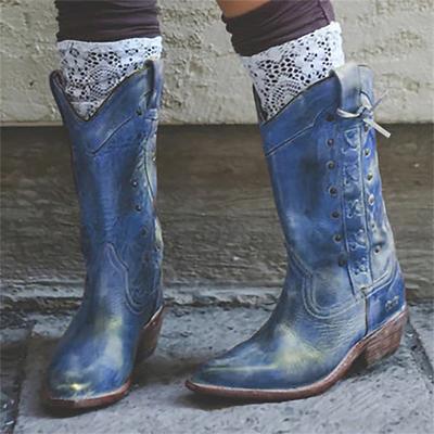 Women's Vintage Brown Leather Knee-High Cowboy Boots - Western Style with Distressed Finish