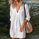 Women's Cotton Linen Blend Mini Dress Deep V Ruched Long Sleeve Casual Mature Loose Fit 2024 Spring