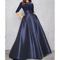 Ball Gown Evening Gown Minimalist Dress Quinceanera Formal Evening Floor Length Half Sleeve Illusion Neck Fall Wedding Guest Satin with Pleats Lace Insert 2024
