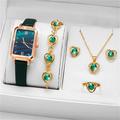 5pcs Rhinestone Decor Jewelry Set Women Green PU Polyurethane Strap Fashion Round Dial Quartz Watch