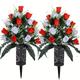 24 Heads Artificial Cemetery Flowers, Rose Flowers, Outdoor Grave Decorations Roses, Lasting Non-Bleed Colors, Red White, Without Cemetery Vase