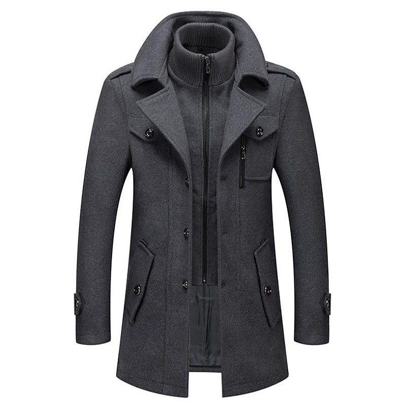 Men's Winter Coat Wool Coat Overcoat Business Casual Spring Winter Autumn Wool Windproof Warm Outerwear Clothing Apparel Active Chic Modern Solid Colored Rolled collar