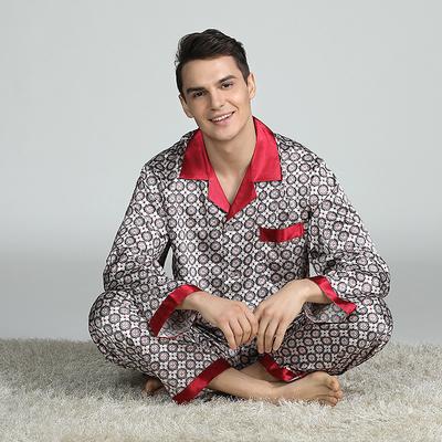 Men's Sleepwear Pajama Top and Pant Silk Pajama 2 Pieces Geometic Luxury Home Bed Beach Faux Silk Comfort Long Sleeve Pant Spring Summer Red party pajama set Red circle pajama set