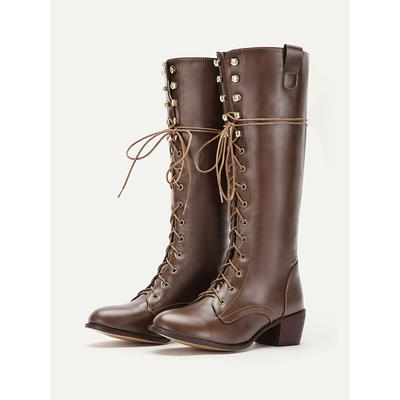 Women's Vintage Brown Faux Leather Lace-Up Knee-High Boots, Rustic Western Style Riding Boots for Outdoor Adventures