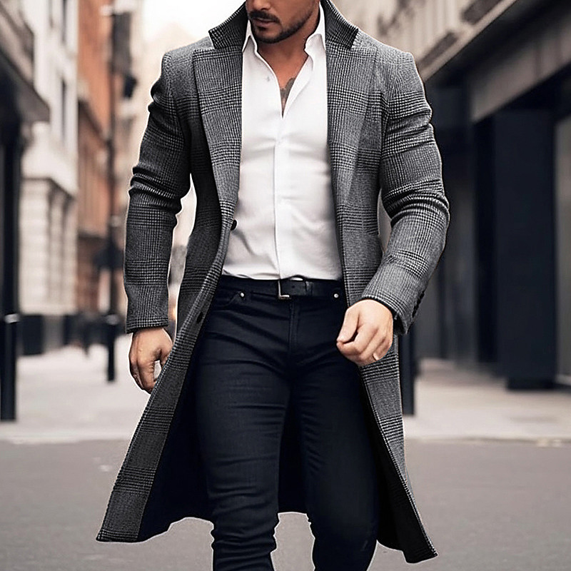 Men's Winter Coat Wool Coat Overcoat Office Career Daily Wear Winter Polyester Thermal Warm Washable Outerwear Clothing Apparel Fashion Warm Ups Plain Pocket Lapel Single Breasted
