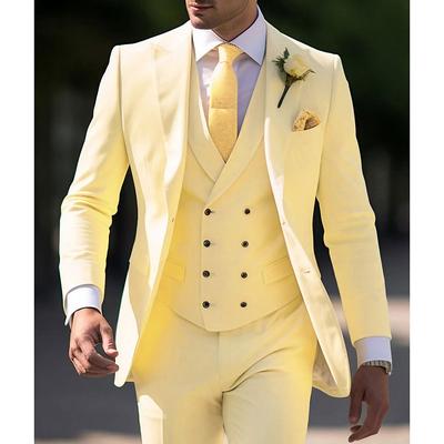 Men's Wedding Suits Light Yellow Brown Summer Solid Colored Slim Fit 3 Piece Single Breasted Two-buttons