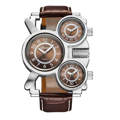 Oulm Men Quartz Watch Creative Casual Wristwatch Analog Luminous Three Time Zones Waterproof Leather Strap Watch