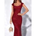 Women's Black Sequin Dress Rose Gold Dress Prom Dress Party Dress Sparkly Dress Bodycon Long Dress Maxi Dress Black Champagne Wine Short Sleeve Fall Winter Square Neck Fashion Evening