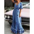 Women's Casual Dress Swing Dress Floral Ruffle Print V Neck Long Dress Maxi Dress Bohemia Streetwear Street Holiday Half Sleeve Loose Fit Navy Blue Green Summer S M L XL 2XL