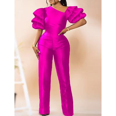 Women's Normal Jumpsuit Elegant Solid Color Short Sleeve Puff Sleeve V Neck High Waist Wedding Party Regular Fit Fuchsia Green Summer