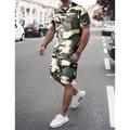 Men's 2 Pieces Outfits Drawstring Hooded Tee Shorts Camouflage Crew Neck Daily Wear Vacation Short Sleeves 2 Piece Clothing Apparel Gymnatics Casual