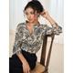 Women's Damask Print Shirt Long Sleeve Notched Neckline Buttoned Blouse