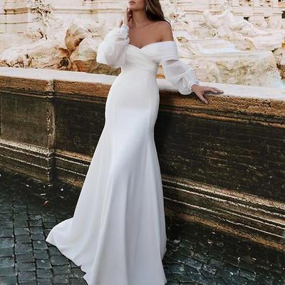 TS Reception Casual Wedding Dresses Mermaid Off Shoulder Long Sleeve Sweep / Brush Train Satin Bridal Gowns With Ruched 2025