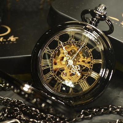 TIEDAN Men Pocket Watch Steampun Antique Skeleton Mechanical Pocket Watch with Chain Necklace Casual Watches Equipped Gift Box