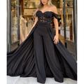 Jumpsuits Evening Gown Black Dress Elegant Dress Formal Floor Length Short Sleeve Off Shoulder Lace with Pleats Beading 2023