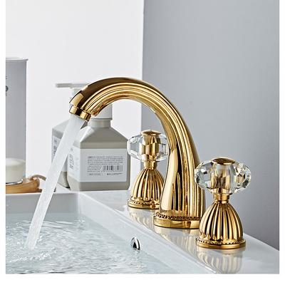 Widespread Bathroom Sink Mixer Faucet, Brass Basin Taps 2 Handle 3 Hole Retro Style Crystal Handle, Washroom Bath with Hot and Cold Water Hose