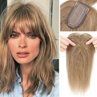 100% Human Hair Extensions 120% Density Silk Base Top Hairpiece Clip In On Hair Topper With Bangs For Women Hand-made Top Hair Piece Middle Part With Thinning Hair #27 Dark Blonde