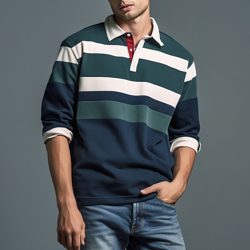 Men's Striped Rugby Polo Shirts Long Sleeve Polo Shirts Zip Casual Outdoor Streetwear Casual Daily 3D Print Fall Winter Navy Blue Green Dark Blue
