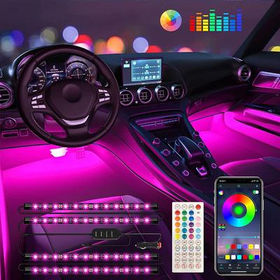 4PCs Interior Car Strip Lights 48LED Ambient Lights with APP Voice Control Remote Music Sync Color Change RGB Under Dash Car Lighting Kit with Charger 12V