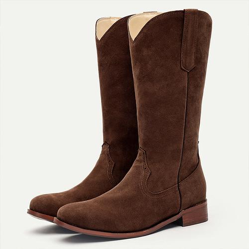 Men's Brown Suede Western Cowboy Boots with Pull Tabs and Classic Stitching - Vintage Style Mid-Calf Boots