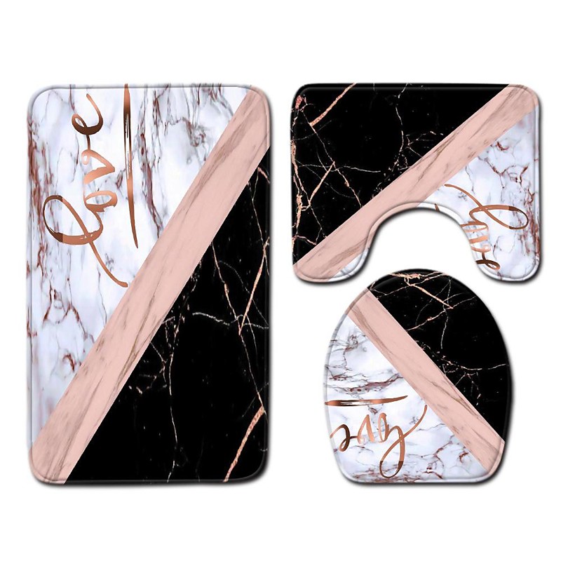 Set of 3 Pieces Bath Mat Non-slip Bathroom Rug, U Shaped Contour Rug Toilet lid Cover, Marble Texture Bath mat, Non Slip Soft Absorbent Polyester Carpet