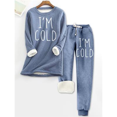 Women's Fleece Pajama Sets Lounge Sets Letter Warm Comfort Soft Home Daily Bed Fleece Warm Breathable Crew Neck Long Sleeve Pullover Pant Elastic Waist Fall Winter Blue