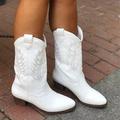 Women's Boots Cowboy Boots Plus Size Cowgirl Boots Outdoor Daily Floral Mid Calf Boots Winter Embroidery Block Heel Chunky Heel Round Toe Vintage Casual Minimalism PU Loafer Black White Brown