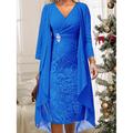 Women's Two Piece Dress Set Lace Dress Casual Dress Chiffon Dress Going out Elegant Casual Lace Midi Dress V Neck Long Sleeve Plain Regular Fit Wine Blue Fall Winter S M L XL XXL