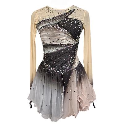 Figure Skating Dress Women's Girls' Ice Skating Dress Grey Patchwork Thumbhole Mesh Spandex Stretchy Training Practice Professional Skating Wear Crystal / Rhinestone Long Sleeve Figure Skating